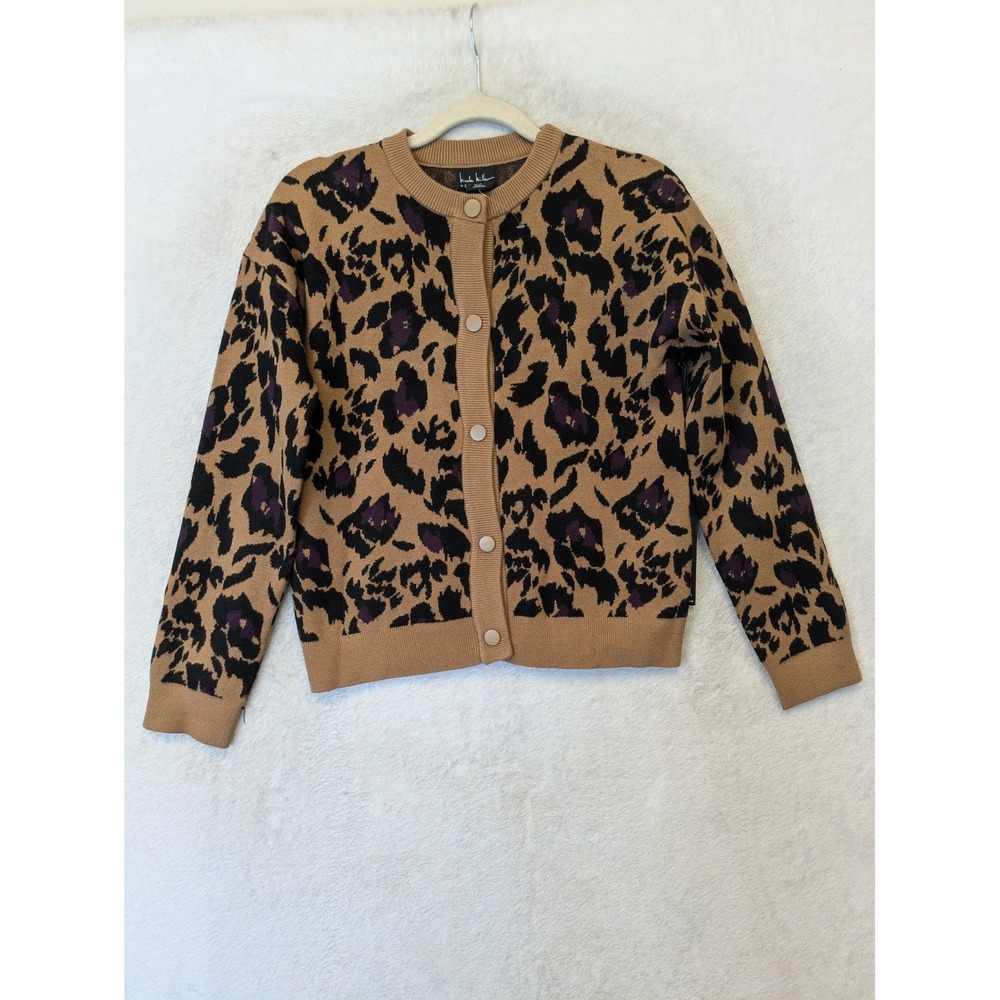 NEW Nicole Miller Cardigan Women's XS Tan Leopard Print Purple Button Front